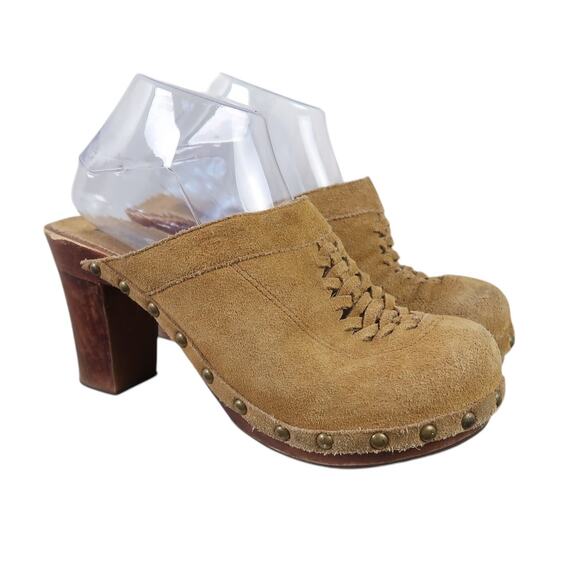 Vintage Y2K Roxy Tan Suede Leather Wooden Heel Mule Clogs 8.5 - Picture 1 of 8
